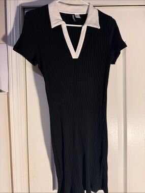 Divided Black Mini Dress with White Polo V-Collar